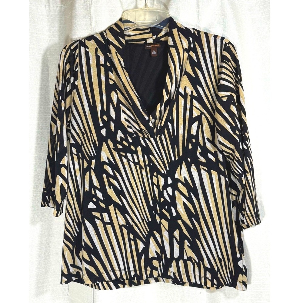 Dana Buchman size XL Black and Tan Abstract V-Neck Blouse 3/4 sleeves